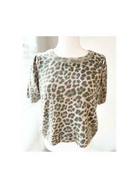 Anthropologie Leopard Print Short Sleeve Sweater - Green & Cream